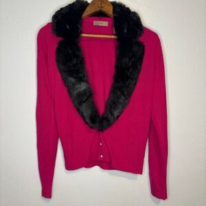 Y2K i.e. Magenta Pink Diamond Button‎ Women's Cardigan Sweater Small Fur Collar